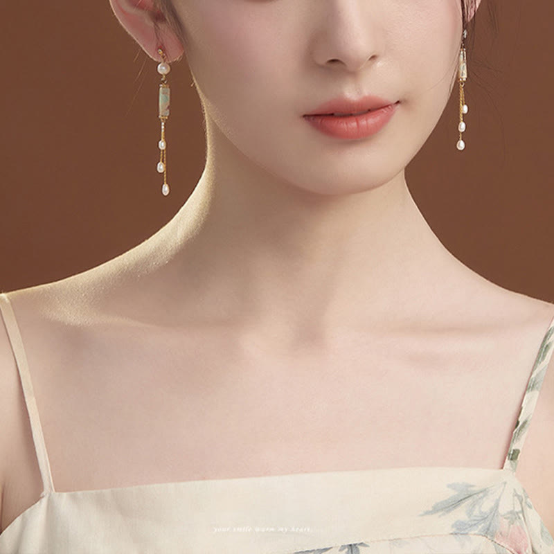 925 Sterling Silver Posts Shoushan Stone Pearl Healing Drop Earrings - Image 5