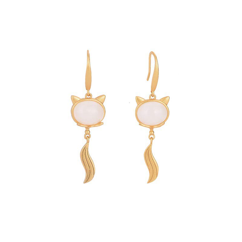 FengShui White Jade Fox Fortune Earrings