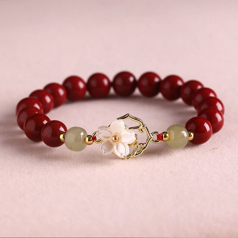 Natural Cinnabar Jade Beaded Tridacna Stone Flower Blessing Bracelet - Image 4