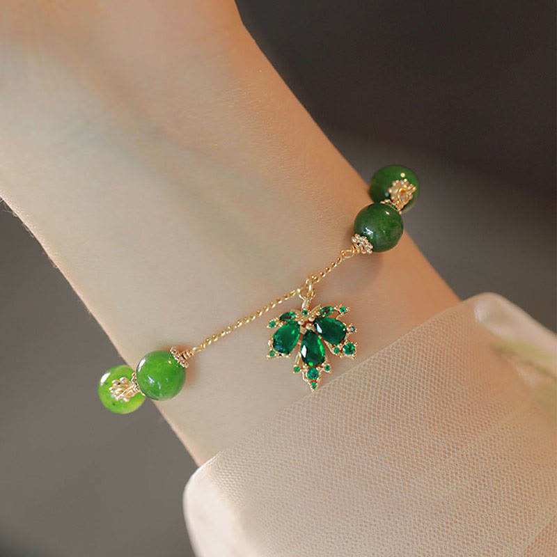 14k Gold Plated Green Chalcedony Maple Leaf Courage Strength Bracelet