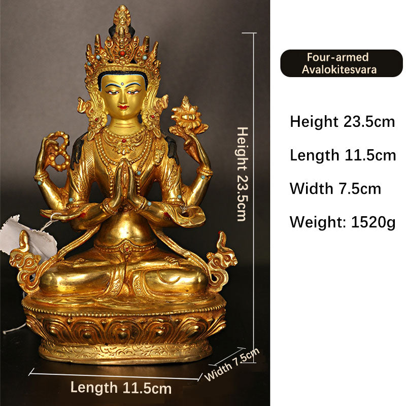 Bodhisattva Tara Chenrezig Four-armed Avalokitesvara Protection Copper Gold Plated Statue Decoration - Image 7