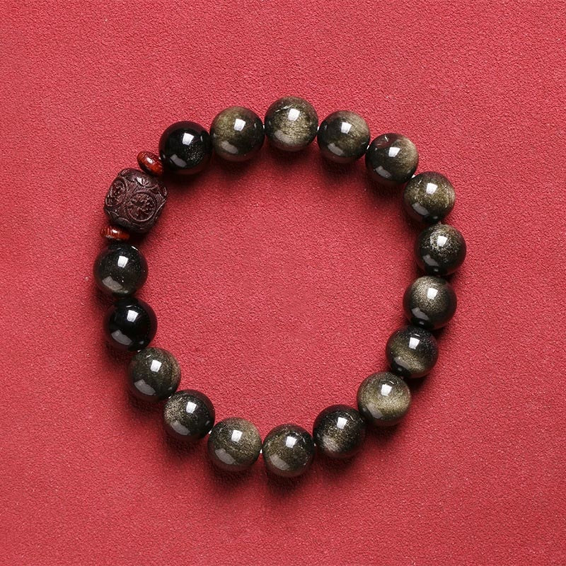 Natural Gold Sheen Obsidian Rainbow Obsidian Om Mani Padme Hum Fu Character Healing Bracelet - Image 15
