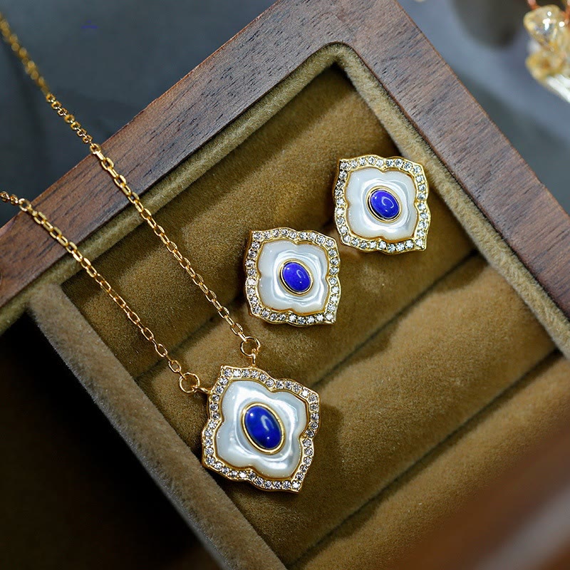 925 Sterling Silver Tridacna Stone Lazurite Prismatic Design Blessing Earrings Necklace Pendant Jewelry Set