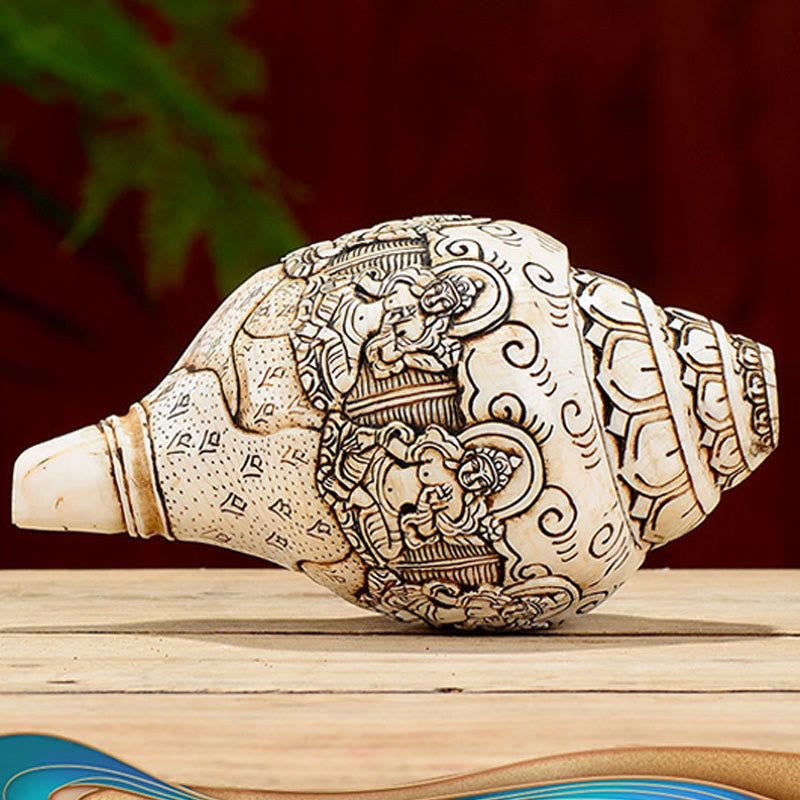 Tibetan Handmade Engraved Shankha Buddha Avalokitesvara Conch Shell Wealth Decoration - Image 22