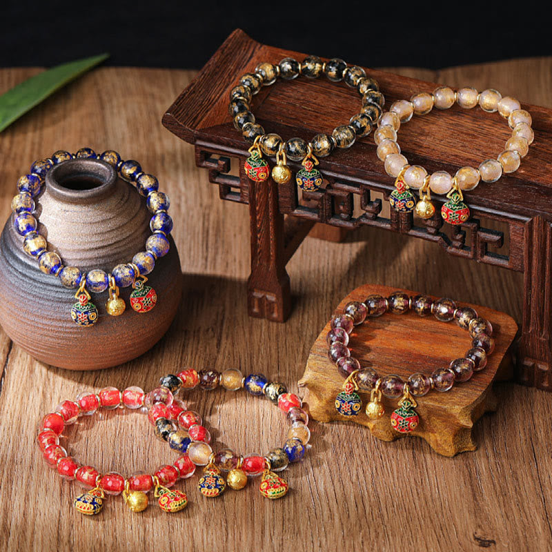 Gold Swallowing Beast Family Charm Gold Silver Foil Liuli Glass Bead Blessings Bracelet