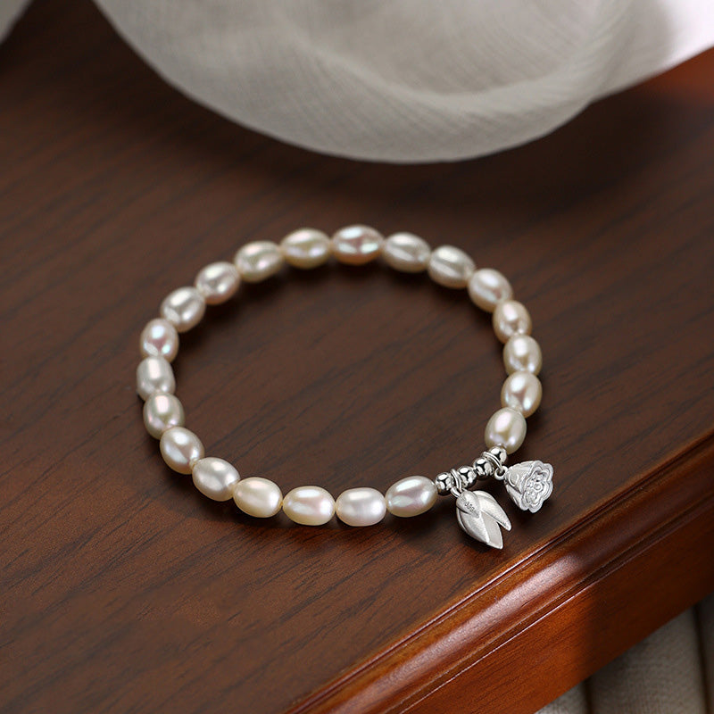 999 Sterling Silver Lotus Flower Pod Natural Pearl Healing Bracelet