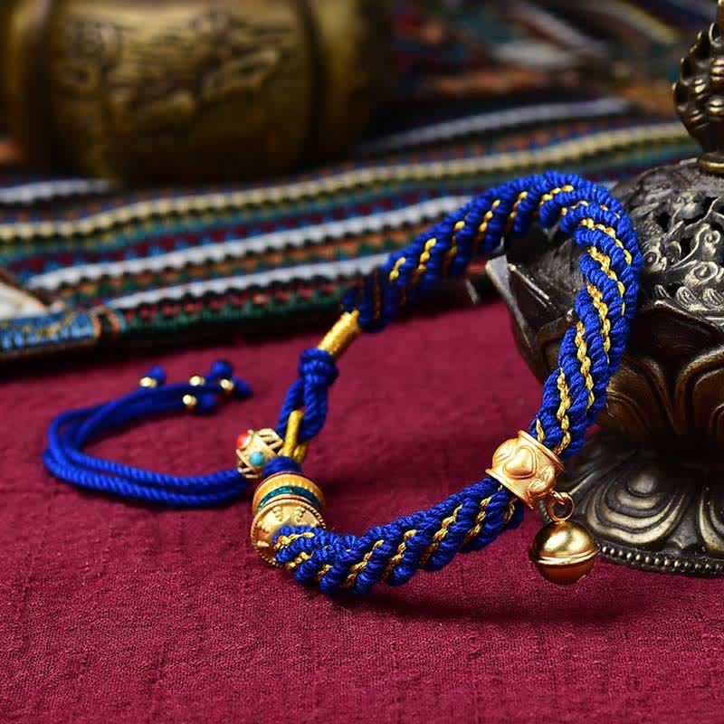 Tibetan Handmade Luck Protection Thangka Prayer Wheel Bell Charm Braid String Bracelet - Image 15