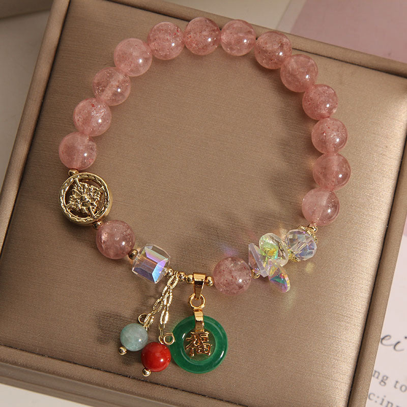 Strawberry Quartz Jade Fu Character Charm Healing Bracelet - Image 3