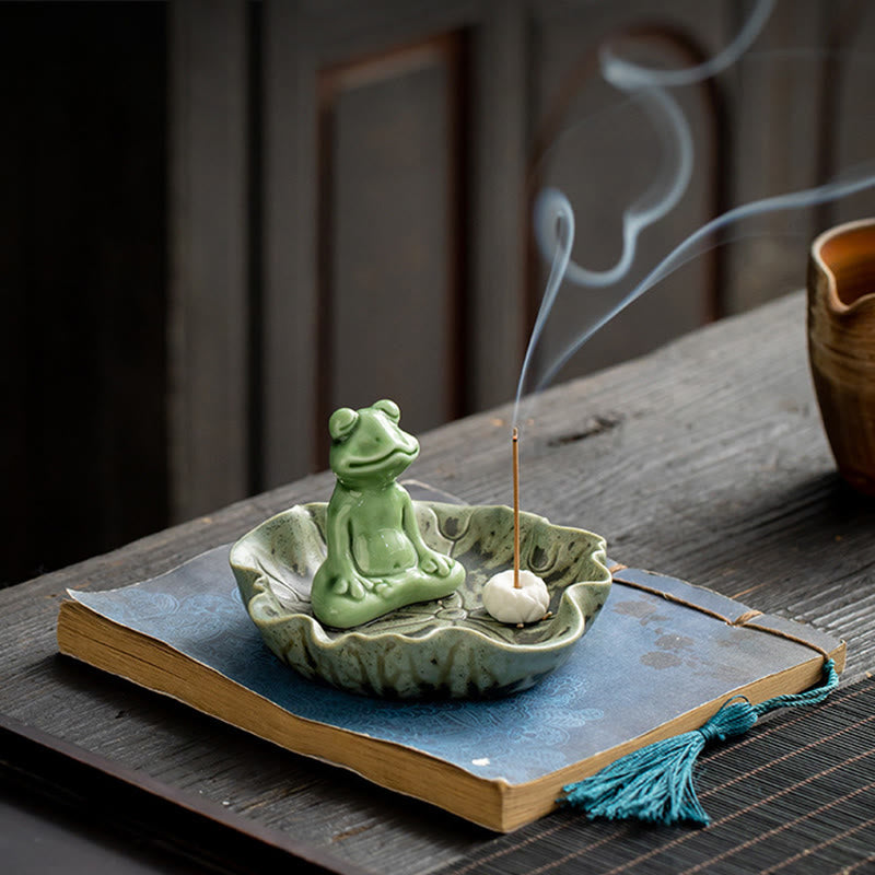 Leaf Meditation Frog Pattern Healing Ceramic Incense Burner Decoration - Image 7