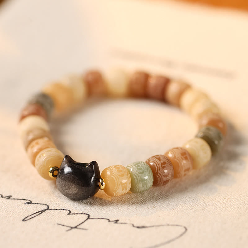 Bodhi Seed Silver Sheen Obsidian Cat Head Om Mani Padme Hum Engraved Harmony Bracelet
