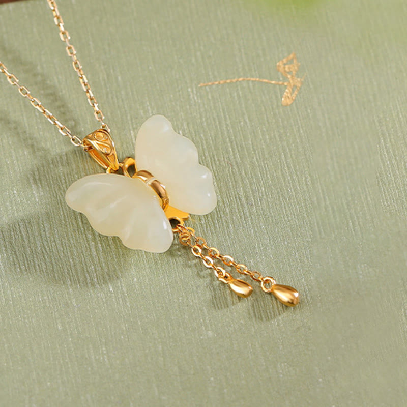 925 Sterling Silver Plated Gold Hetian White Jade Butterfly Blessing Necklace Pendant - Image 5