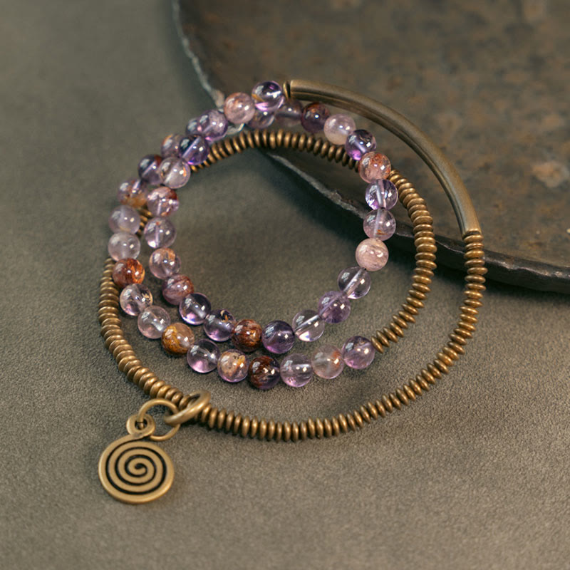 Purple Phantom Red Hematoid Quartz Green Rutilated Quartz Copper Love Forgive Bracelet