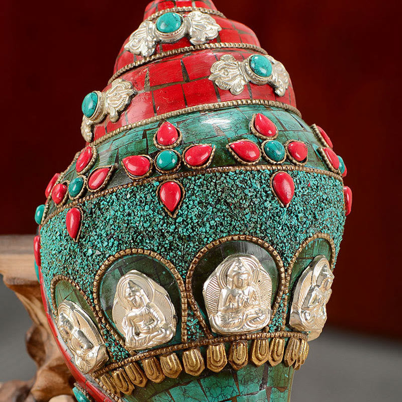 Tibetan Handmade Shankha Om Mani Padme Hum Buddha Avalokitesvara Turquoise Conch Shell Positive Decoration - Image 7