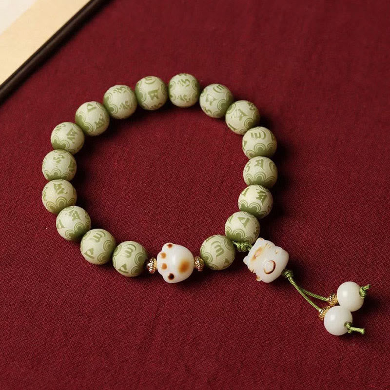 Green Bodhi Seed Cat Paw Om Mani Padme Hum Engraved Wisdom Bracelet - Image 2