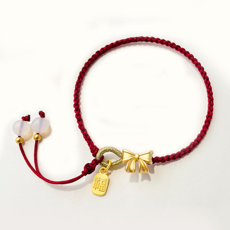 Handmade Peach Blossom Rosette Bow Knot Fu Character Charm Luck Fortune Red Rope Bracelet - Image 5