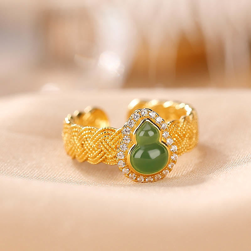 925 Sterling Silver Plated Gold Natural Hetian Cyan Jade Gourd Luck Bracelet Ring Set - Image 4