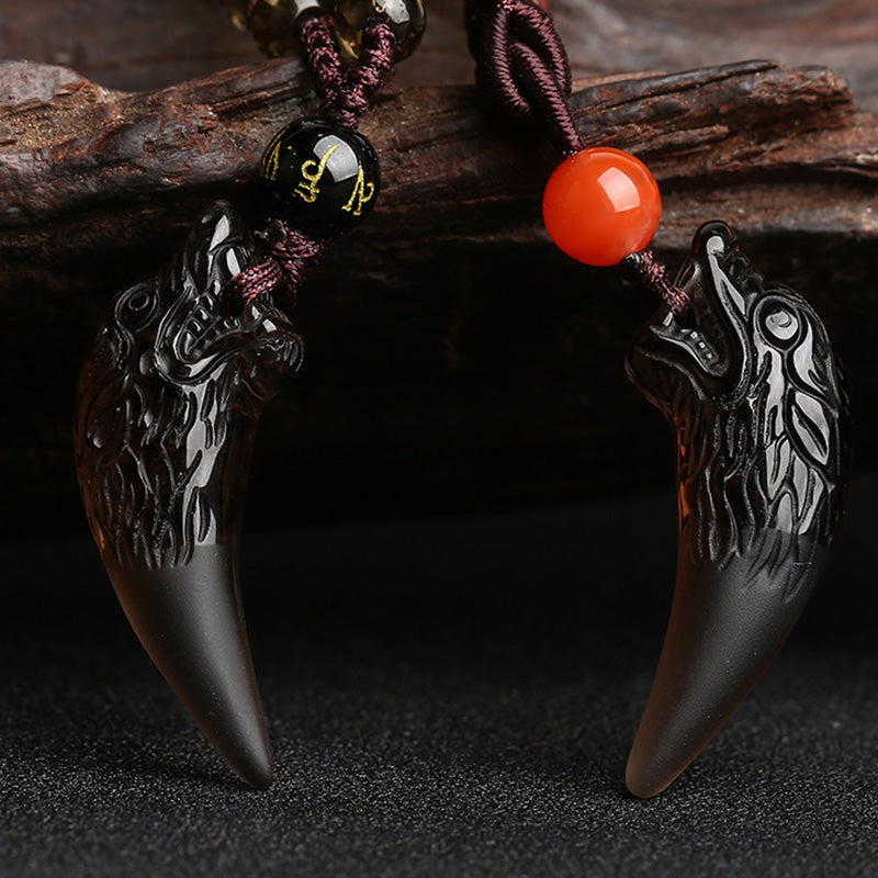 Natural Ice Obsidian Wolf Tooth Pattern Courage Necklace Pendant - Image 10