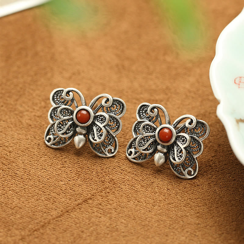 925 Sterling Silver Red Agate Butterfly Self-acceptance Ring Earrings Set - Image 14