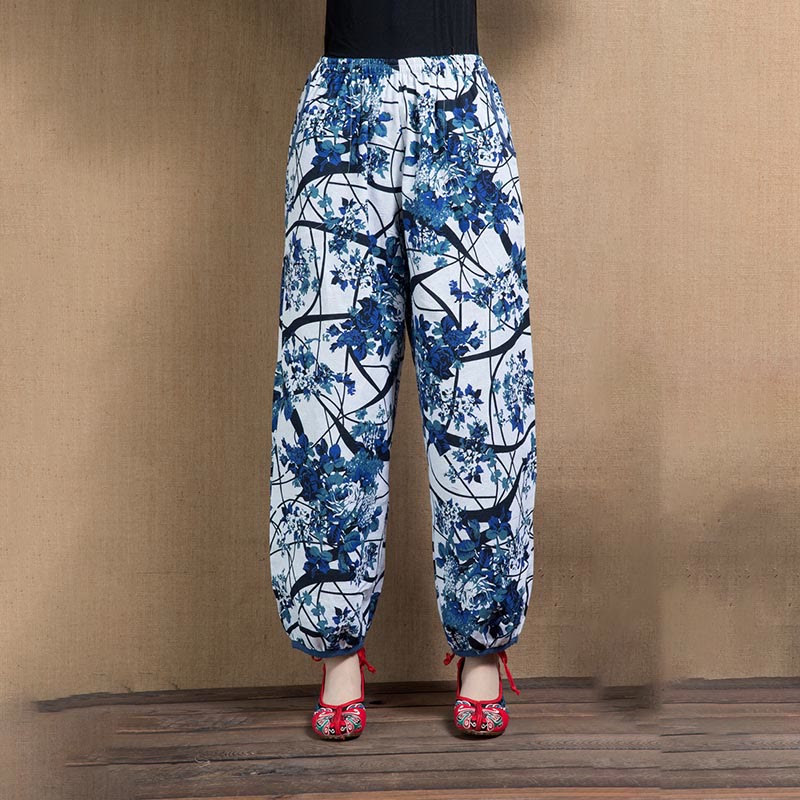 Blue Tree Flowers Print Harem Pants With Pockets - Image 7