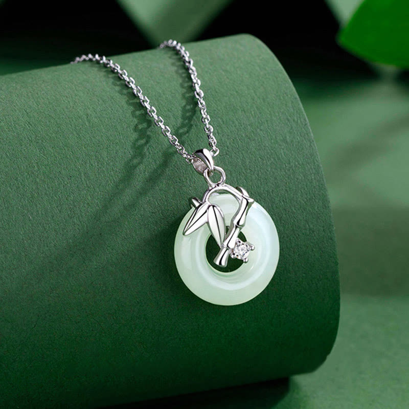 925 Sterling Silver Hetian Jade Bamboo Leaf Peace Buckle Prosperity Necklace Pendant - Image 3