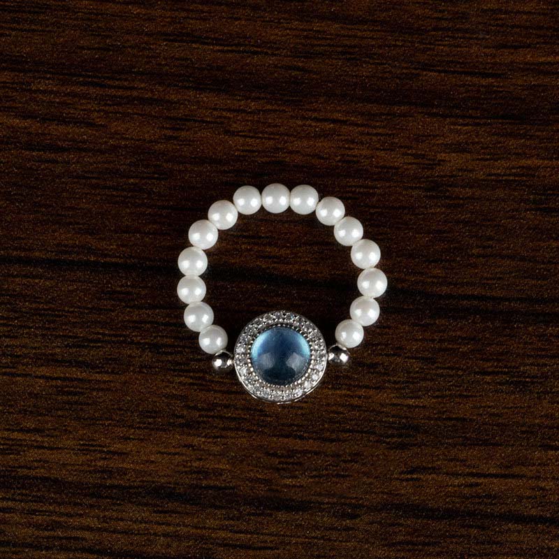 925 Sterling Silver Pearl Blue Chalcedony Healing Chain Bracelet Ring - Image 6