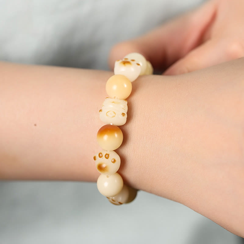 Natural Bodhi Seed Sandalwood Lucky Cute Cat Head Paw Claw Peace Bracelet - Image 20