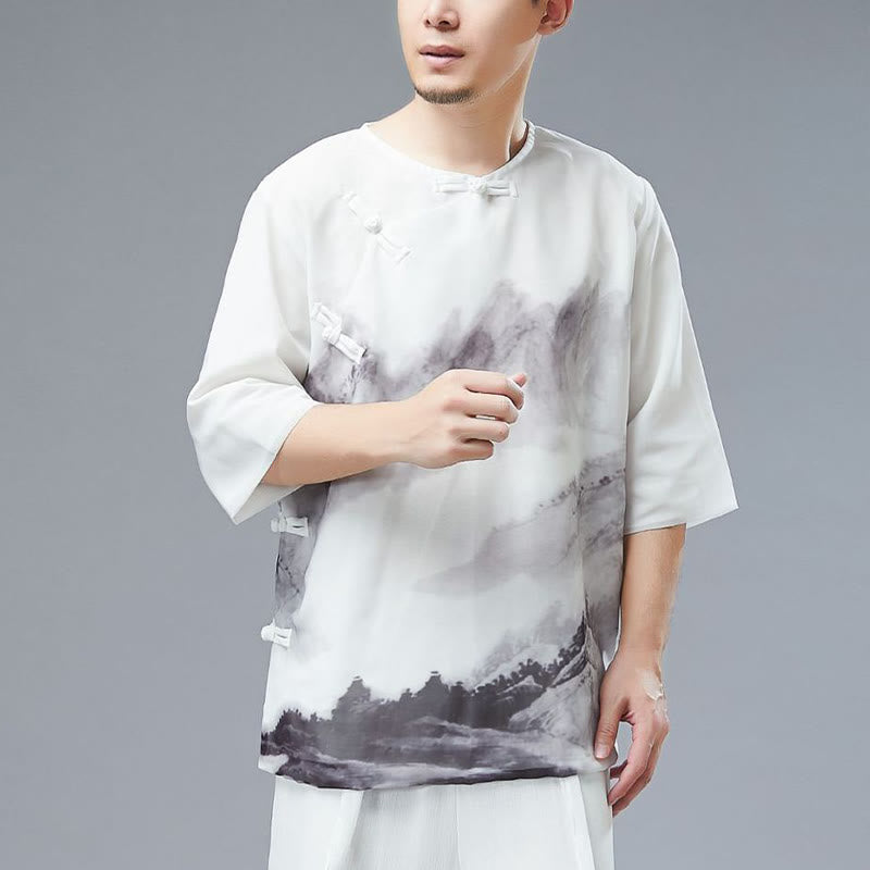 Men's Frog-Button Mountain Landscape Ink Painting Half Sleeve Shirt - Image 6