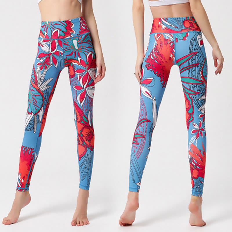 Colorful Flower Petal Leaves Print Sports Exercise Fitness High Waist Leggings Women's Yoga Pants - Image 17