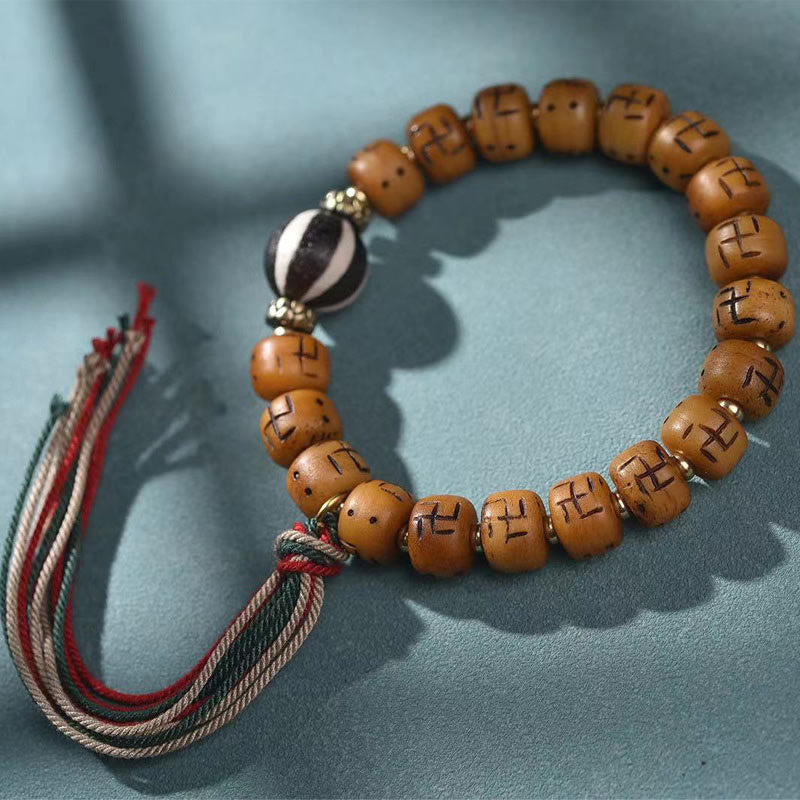 Natural Tibetan Camel Bone Swastika Dzi Bead Shankha Buddha Charm Kirtimukha Luck Protection Tassel Bracelet - Image 10