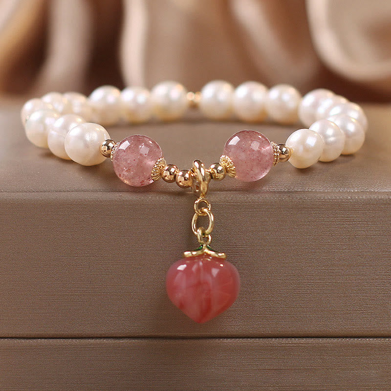 Natural Pearl Strawberry Quartz Peach Love Heart Wisdom Charm Bracelet