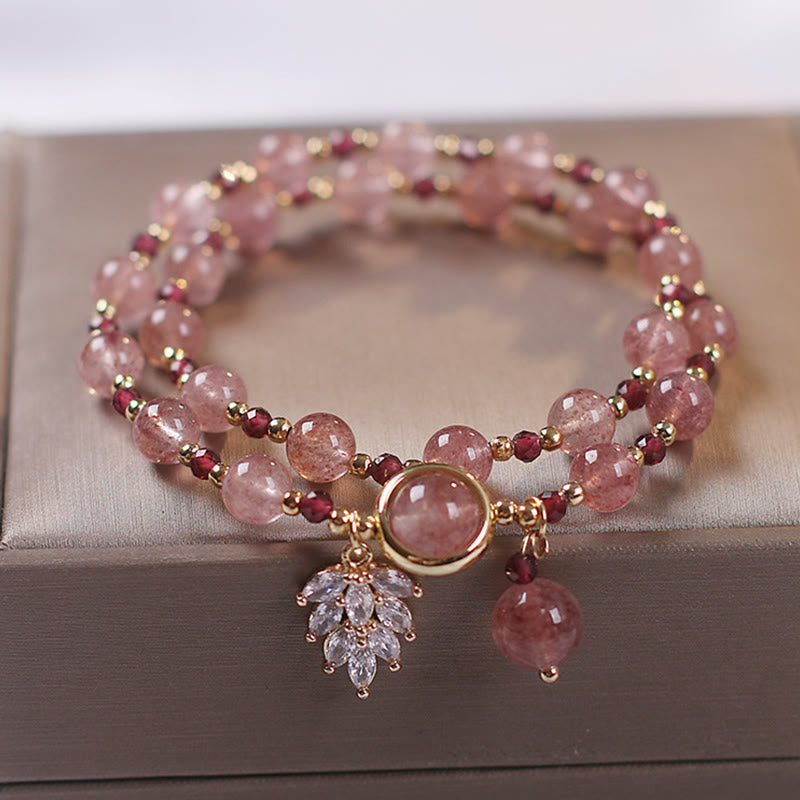Natural Strawberry Quartz Love Healing Maple Leaf Charm Double Wrap Bracelet - Image 4