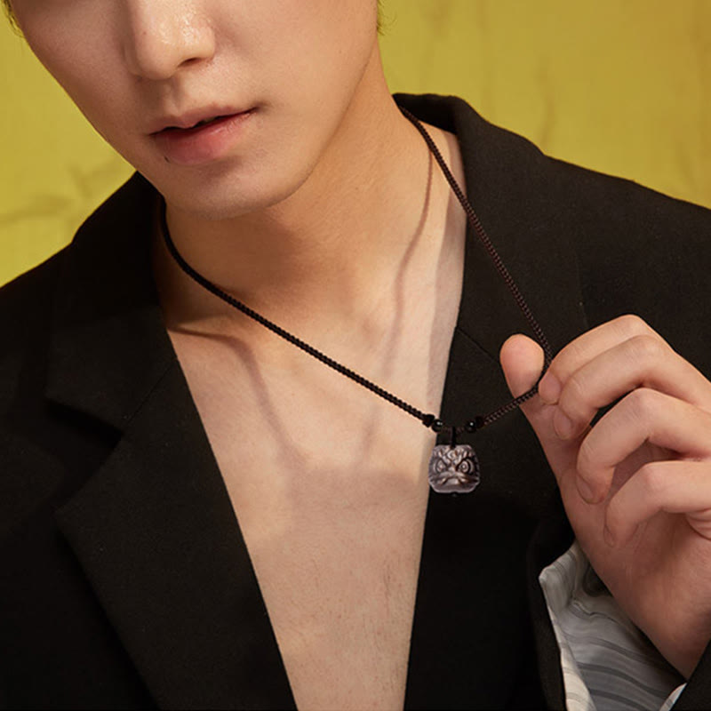 Natural Silver Sheen Obsidian Red Agate Dancing Lion Protection Necklace Pendant - Image 4