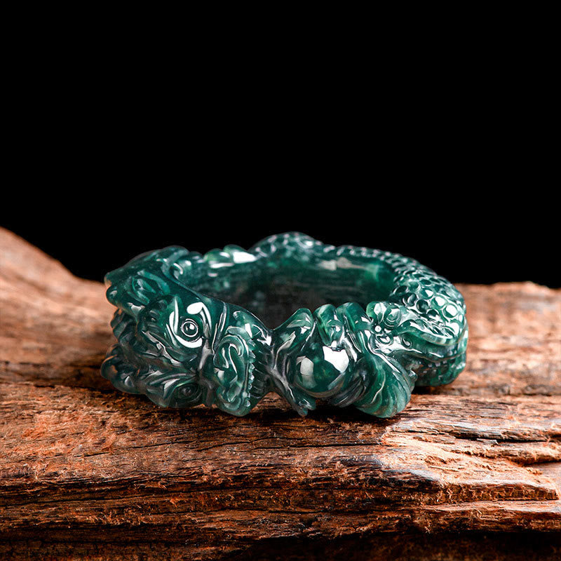 Natural Cyan Jade Dragon Carved Success Ring - Image 5