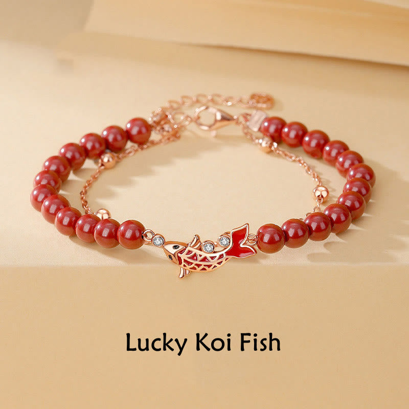 925 Sterling Silver Lucky Koi Fish Cinnabar Zircon Prosperity Double Layer Chain Bracelet