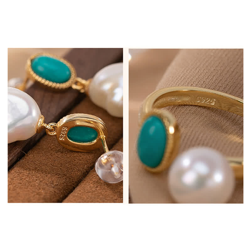925 Sterling Silver Pearl Turquoise Healing Ring Earrings Necklace Pendant - Image 5