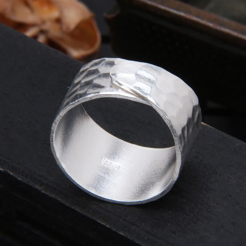 Tibetan 990 Sterling Silver Handmade Rustic Hammered Pattern Ring - Image 5