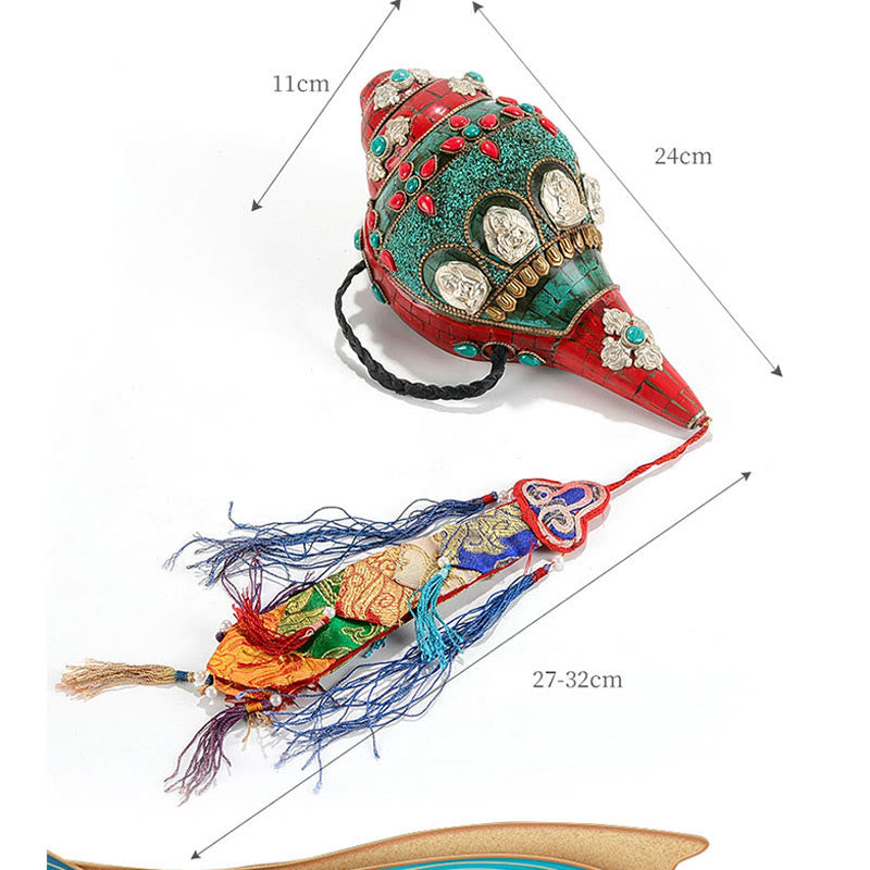 Tibetan Handmade Shankha Om Mani Padme Hum Buddha Avalokitesvara Turquoise Conch Shell Positive Decoration - Image 15