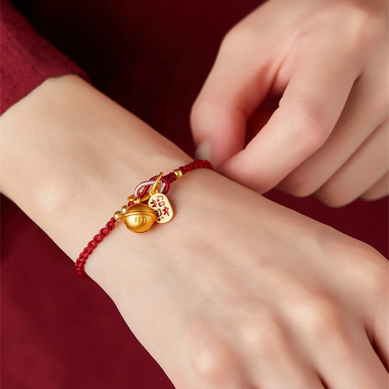 Handmade Fu Character Charm Luck Happiness Bell Red Rope Bracelet - Image 5