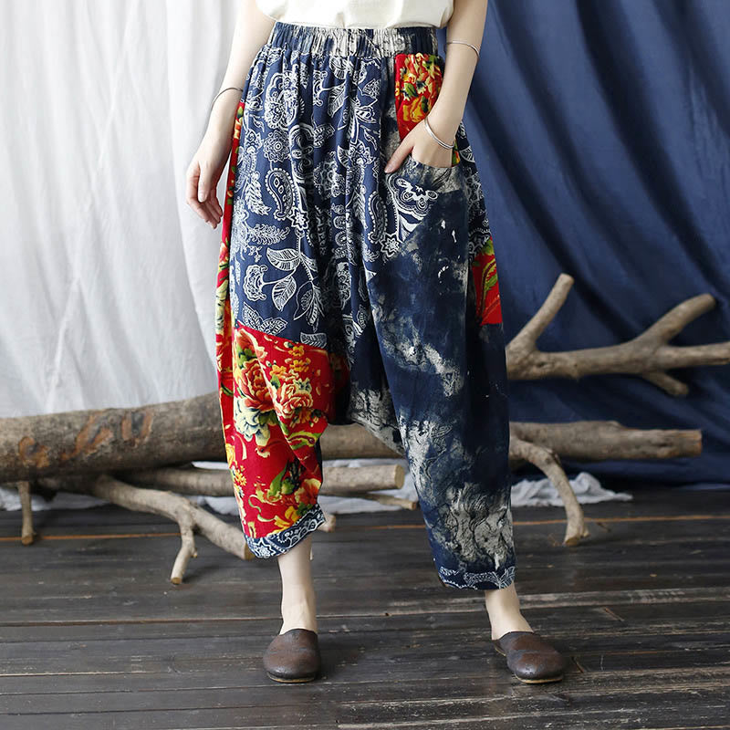 Blue Red Peony Flowers Patchwork Cotton Linen Harem Pants With Pockets - Image 14