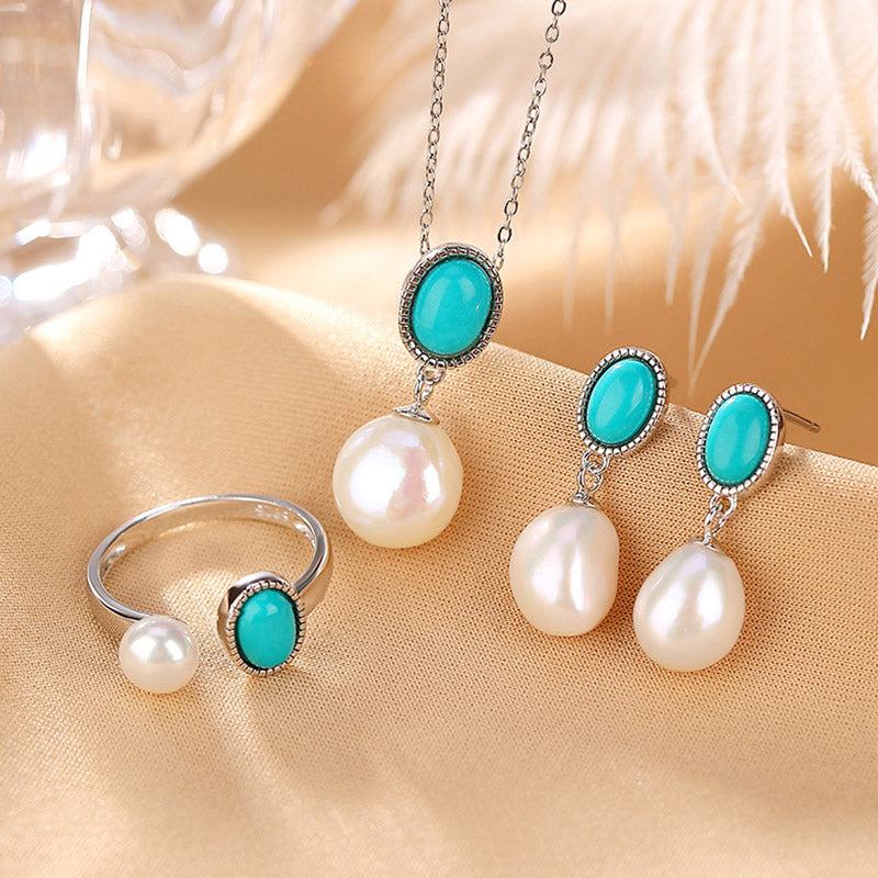 925 Sterling Silver Pearl Turquoise Healing Wisdom Necklace Pendant Ring Earrings