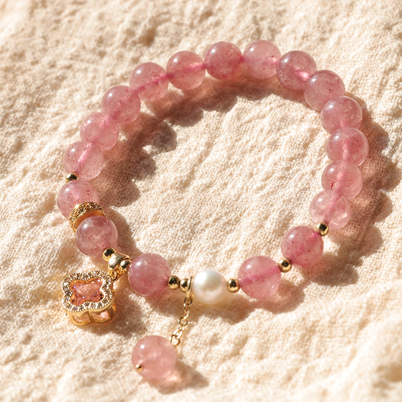 Strawberry Quartz Pearl Four Leaf Clover Charm Healing Bracelet - Image 11