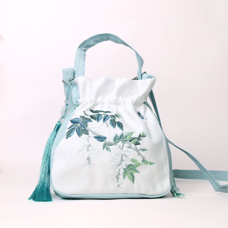 Embroidered Flowers Wisteria Lily Cotton Linen Tote Crossbody Bag Shoulder Bag Handbag - Image 8