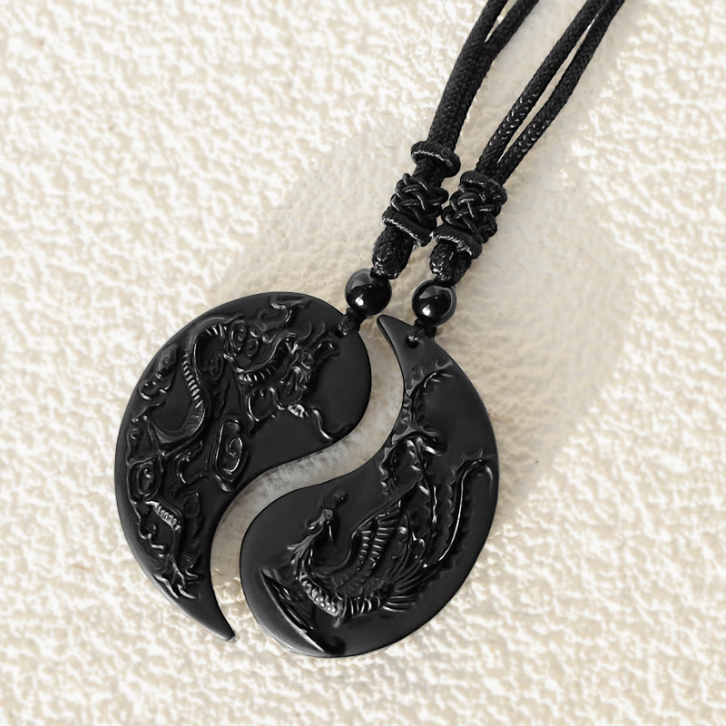Black Obsidian Yin Yang Dragon Phoenix Luck Necklace Pendant - Image 6