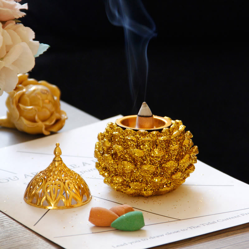 Gold Pine Cone Pattern Spiritual Rituals Mini Incense Burner Home Tabletop Decor - Image 8