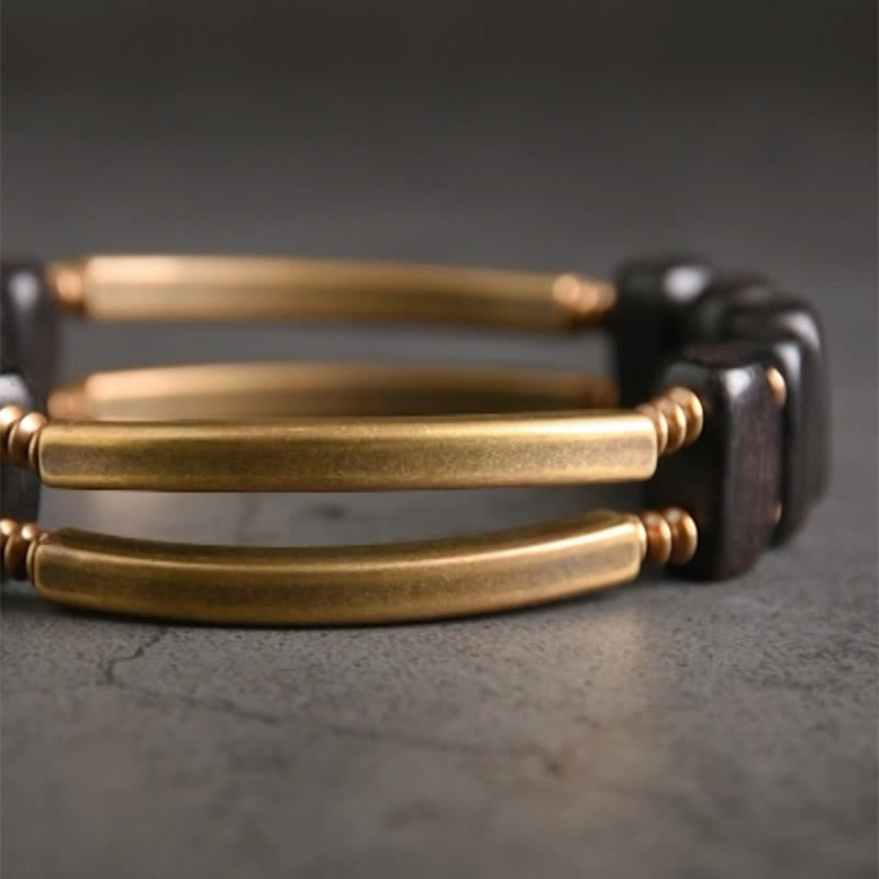 Tibetan Ebony Wood Brass Copper Balance Double Layer Bracelet - Image 7
