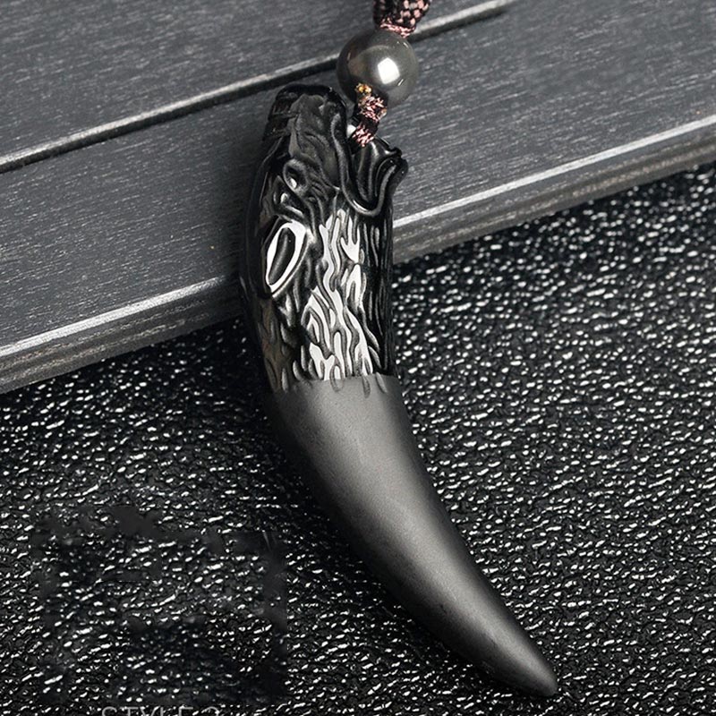 Natural Black Obsidian Ice Obsidian Rainbow Obsidian Wolf Tooth Pattern Strength Necklace Pendant - Image 6