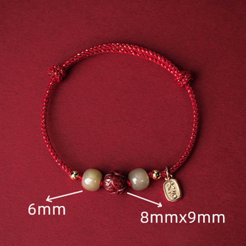 14K Gold Plated Hetian Jade Cinnabar Lotus Luck Handcrafted Rope Bracelet - Image 5