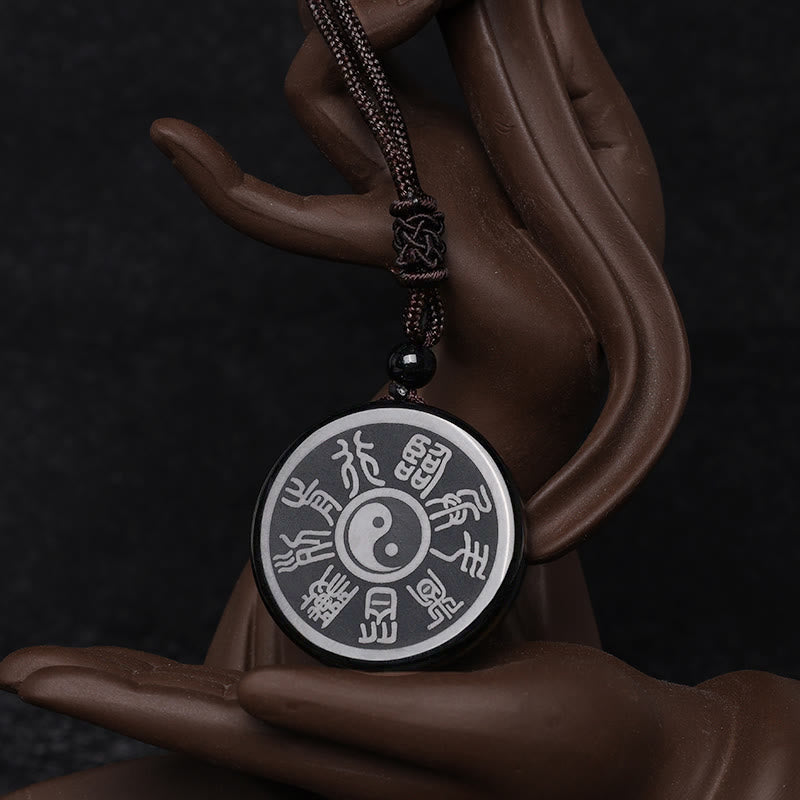 Black Obsidian Taoism Five Sacred Mountains Nine-Character Mantra Carved Purification Yin Yang Necklace Pendant - Image 9