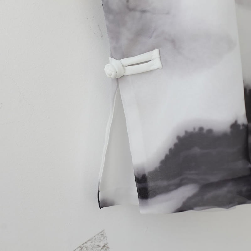 Men's Frog-Button Mountain Landscape Ink Painting Half Sleeve Shirt - Image 12