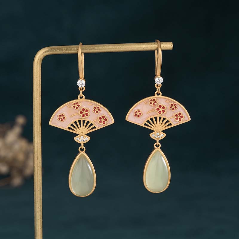 Natural Green Aventurine Fan Pattern Luck Drop Earrings - Image 7